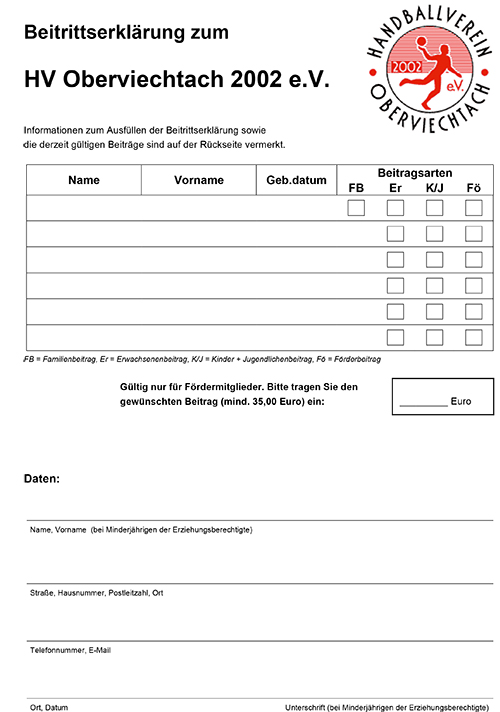 Handball Oberviechtach Mitgliedsantrag