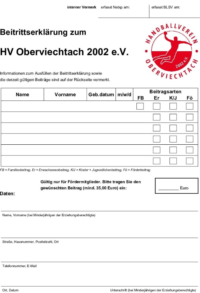Handball Oberviechtach Mitgliedsantrag